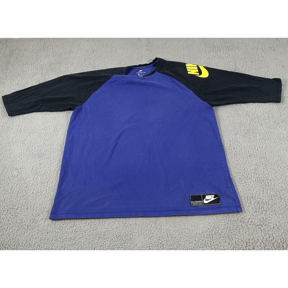 Nike Shirt Mens 2XL Blue Black 3/4 Sleeve Raglan Colorblock Swoosh Tee Logo - Picture 13 of 16